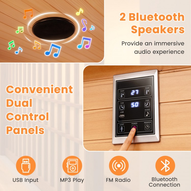 Dual control panel for the 3-5 People Far Infrared Wooden Sauna Room with Bluetooth speakers and USB input.