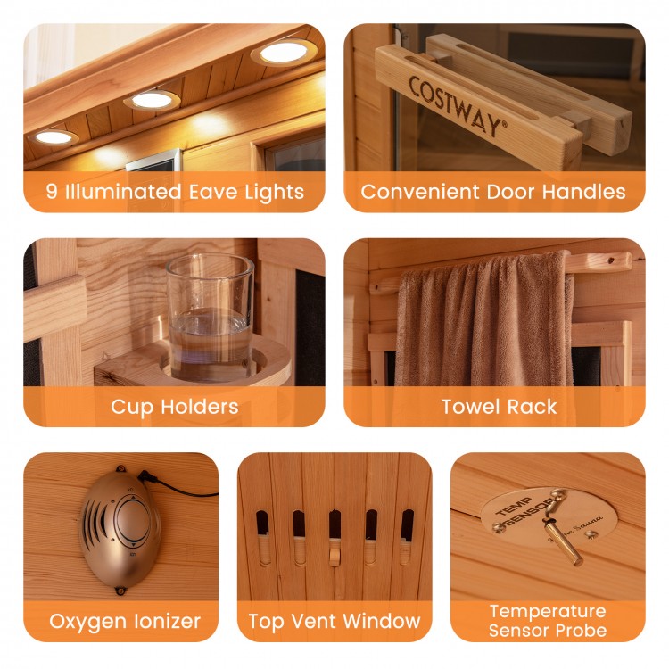 Close-up of the towel rack and cup holders in the 3-5 People Far Infrared Wooden Sauna Room for home use.