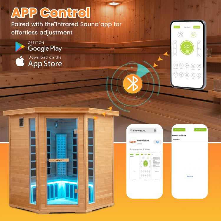 Far infrared wooden sauna room for 3-5 people with Bluetooth control, RGB lighting, and 8 mica heating plates.
