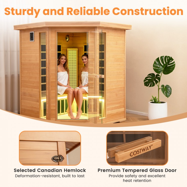 Far infrared wooden sauna room for 3-5 people, featuring Canadian hemlock, tempered glass door, and RGB lighting.