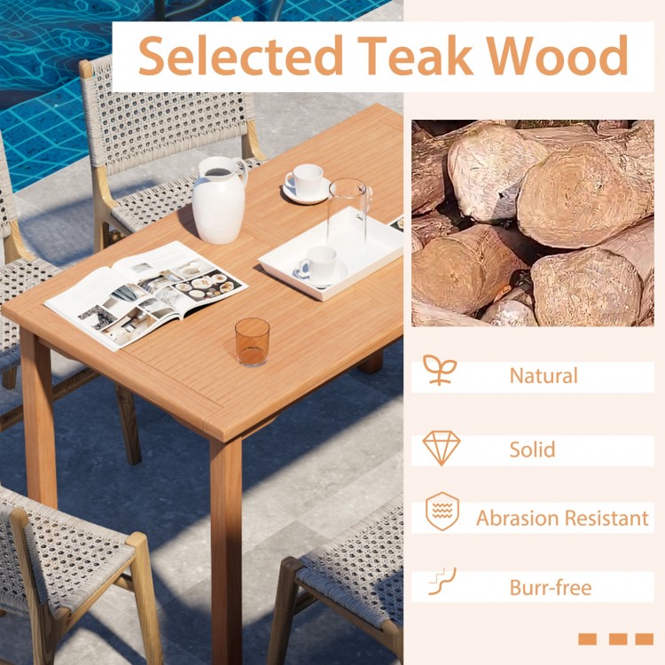 Rectangle patio dining table made of selected teak wood, 49" for 6 people, ideal for backyard or poolside use.