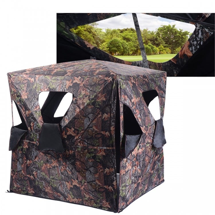 Portable deer hunting blind with camo design, 360° visibility, and shoot-through windows for 2-3 hunters.