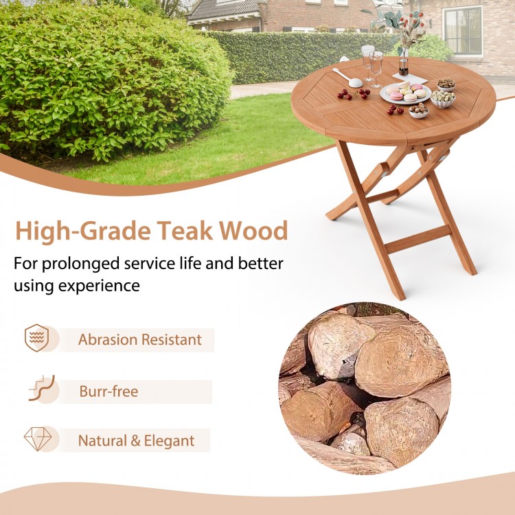 Round 31.5-inch folding coffee table made of high-grade teak wood, perfect for outdoor dining in backyard or poolside.