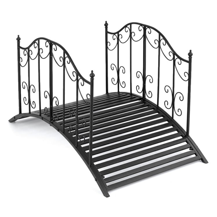 Garden metal bridge with decorative dual patterned side rails, raised design for landscaping focal points and stability.