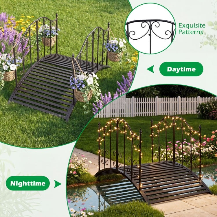 Garden metal bridge with dual patterned side rails, featuring a reinforced arched frame for stability and visual charm.