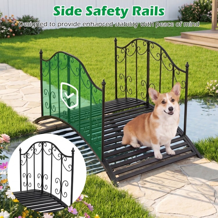 Garden metal bridge with dual patterned side rails, reinforced frame, and slatted walkway for outdoor stability and.