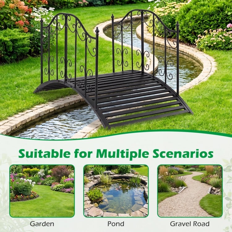 3.9 ft garden metal bridge with dual patterned side rails, featuring a reinforced arched frame for stability and charm.