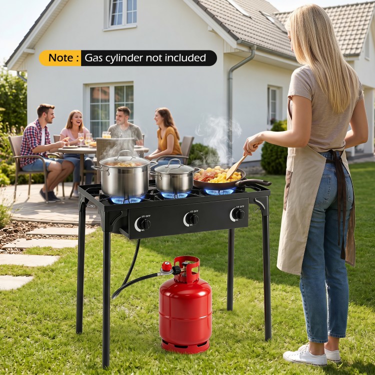 Three-burner propane stove with adjustable regulator and hose, perfect for outdoor cooking at family gatherings or camping.