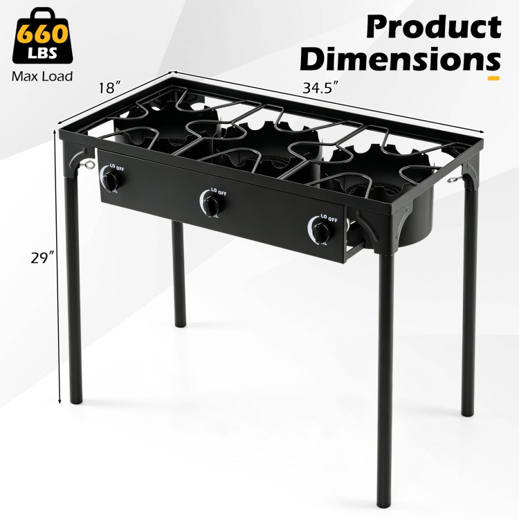3 Burner Propane Stove with adjustable regulator and hose, designed for camping BBQ, featuring a rugged black construction.