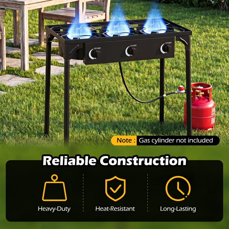 Three-burner propane stove with adjustable regulator and hose, designed for camping and outdoor cooking with durable construction.