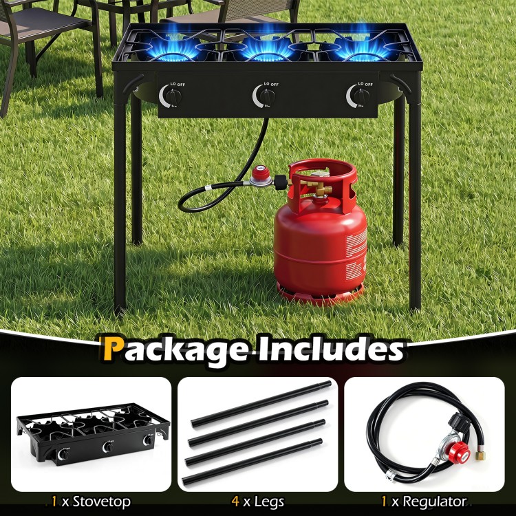 Three-burner propane stove with adjustable regulator and hose, designed for outdoor cooking, camping, and BBQ.