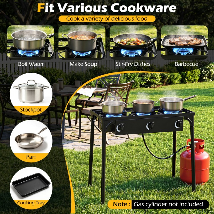 Three-burner propane stove with adjustable regulator, ideal for camping BBQ and fits various cookware for versatile cooking.