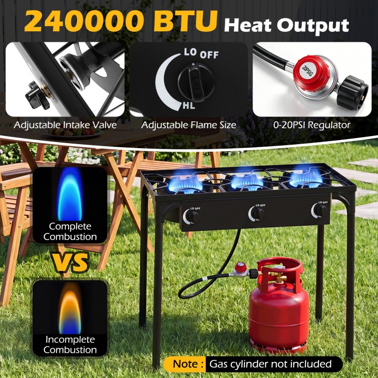 Three-burner propane stove with 240000 BTU heat output and adjustable regulator, perfect for camping and outdoor cooking.