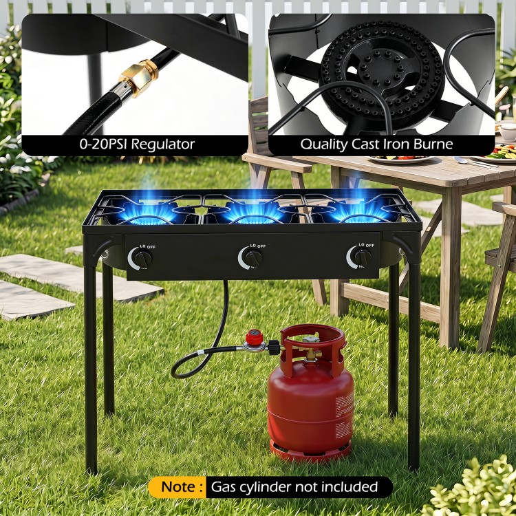 Three-burner propane stove with adjustable regulator and hose, designed for camping BBQ and outdoor cooking.