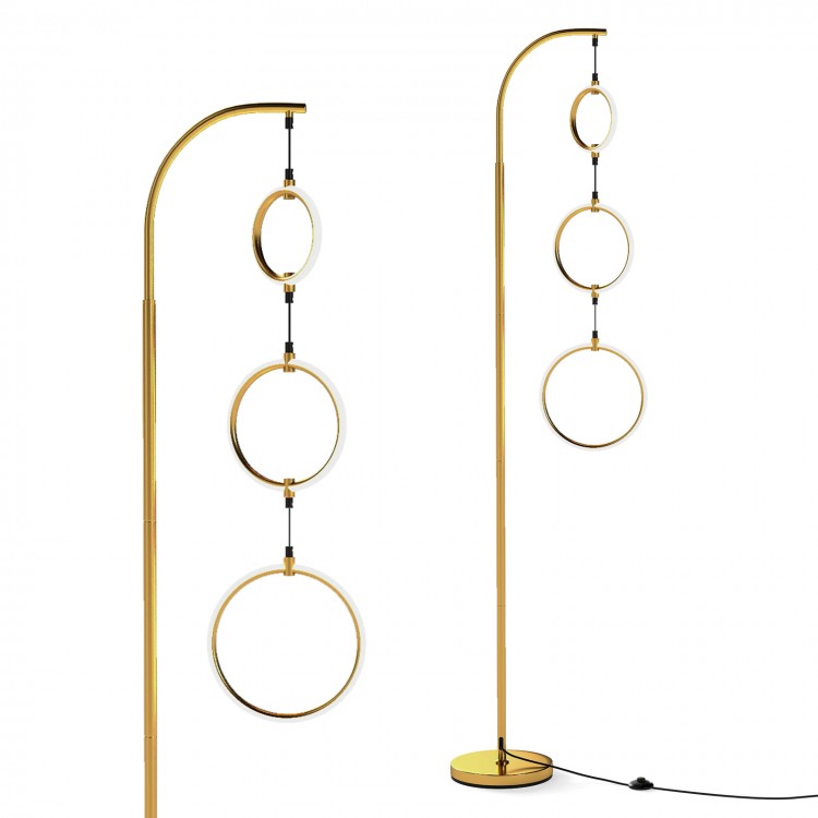 Dimmable LED floor lamp with three hanging circular rings in gold, adjustable brightness, and foot pedal switch for.