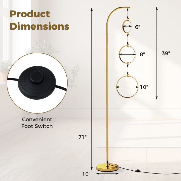 Dimmable LED floor lamp with a gold pole and three hanging rings, featuring a foot pedal switch for adjustable.