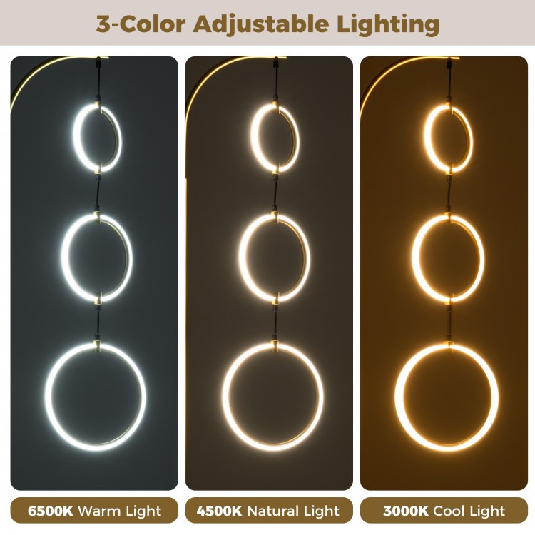 Three-circle dimmable LED floor lamp with gold pole, showcasing 3 color temperatures for versatile lighting options.