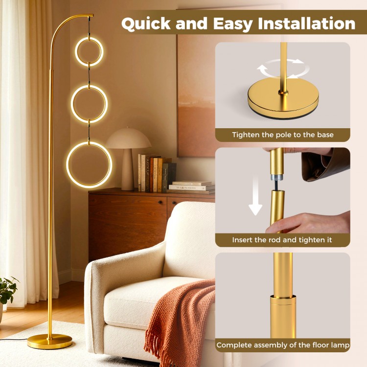 3-circle dimmable LED floor lamp in gold with foot pedal switch, showcasing easy assembly and modern design for stylish.