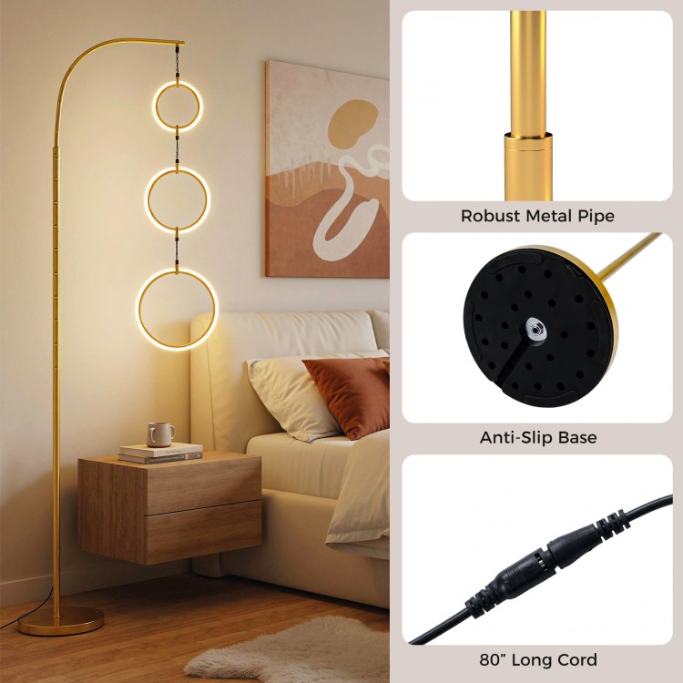 Dimmable 3-circle LED floor lamp in gold with adjustable brightness and color temperatures, ideal for living rooms or.