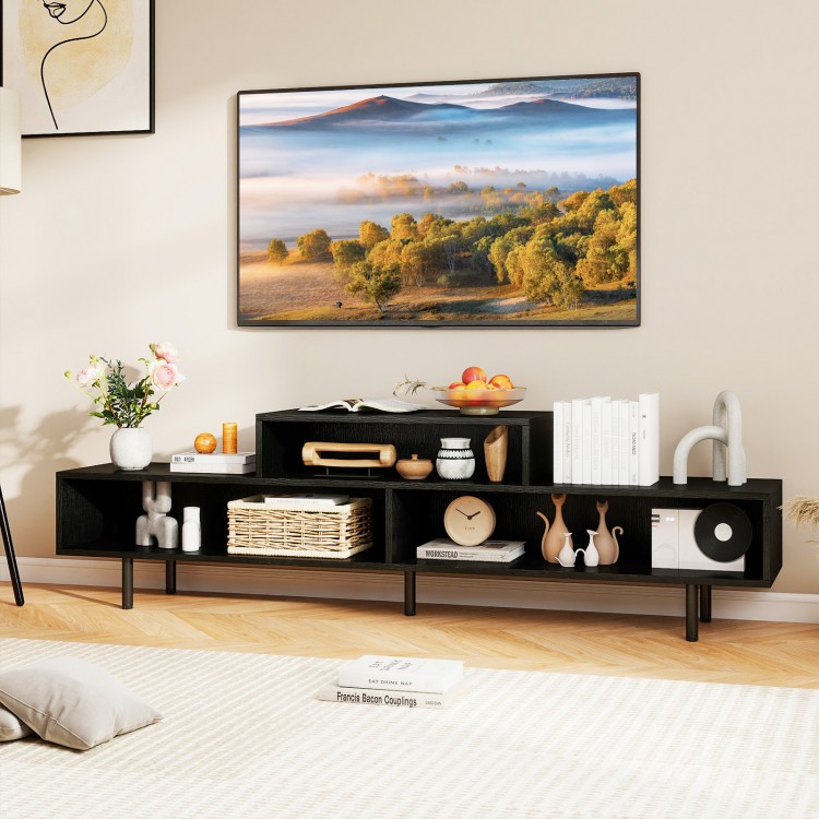 Black 3 cubby TV stand with open storage compartments, suitable for TVs up to 70 inches, ideal for living room use.