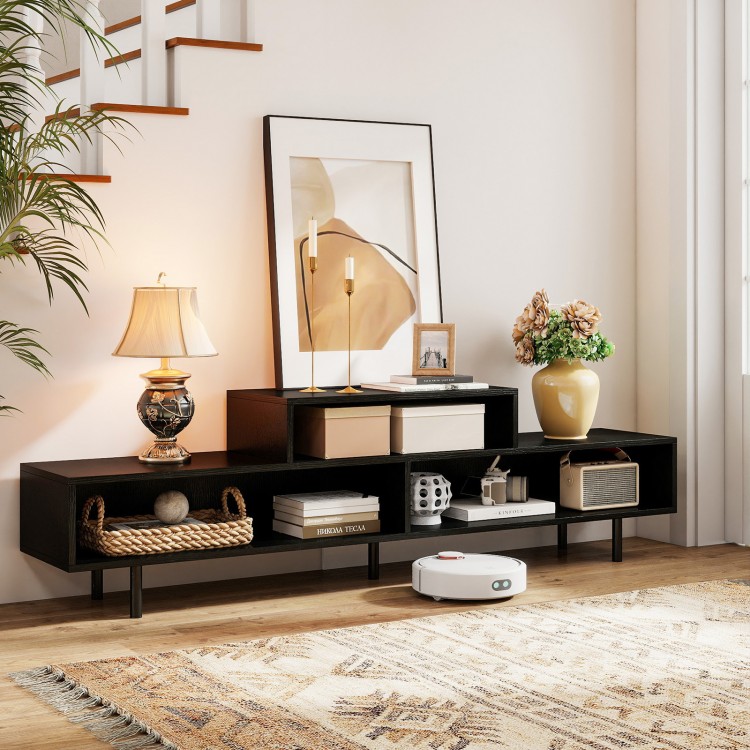Black 3 cubby TV stand for TVs up to 70 inches, featuring open storage compartments and a stylish design for living.
