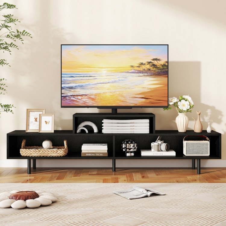 Black 3 cubby TV stand for TVs up to 70 inches, featuring open storage compartments and a spacious tabletop.