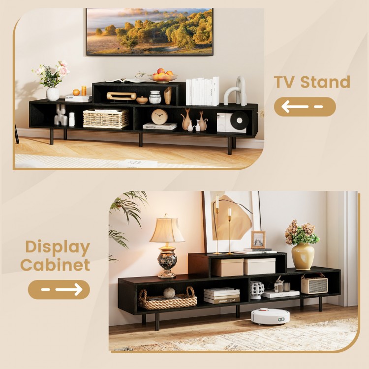 3 cubby TV stand in black with open storage compartments, suitable for TVs up to 70 inches, ideal for living room use.