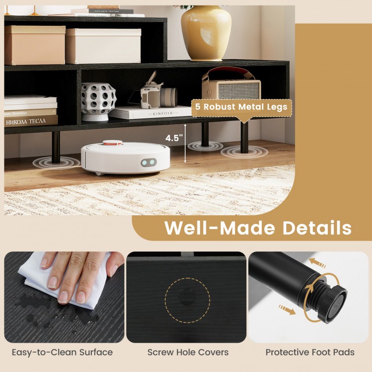 3 Cubby TV stand in black with 5 metal legs, featuring open storage compartments for media accessories and stability.