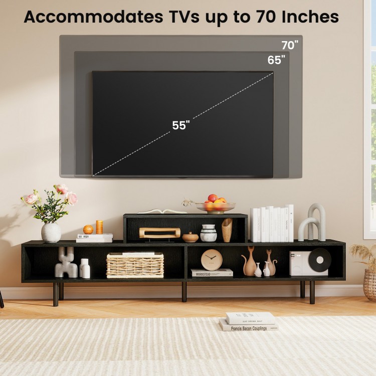 Black 3 cubby TV stand with dimensions for TVs up to 70 inches, showcasing open storage for a modern living room setup.