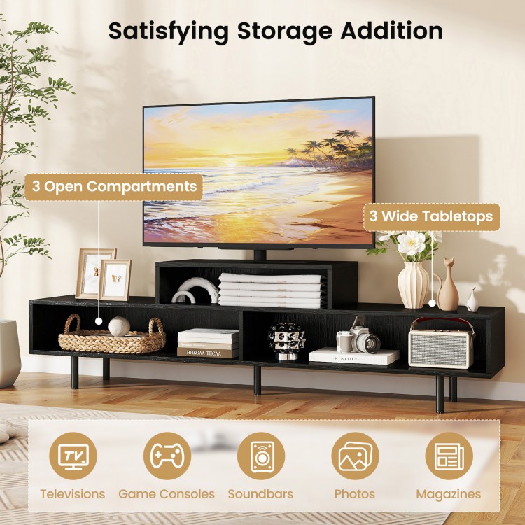 Black 3 cubby TV stand with spacious tabletop, featuring three open compartments for convenient storage in the living.