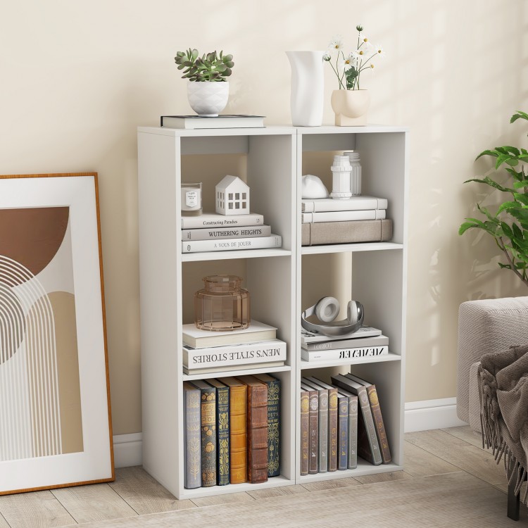 Three-cube bookshelf in white with back guardrail, featuring ample storage for books and elegant wood grain design.