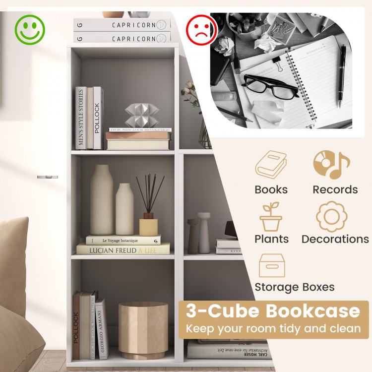 3-cube bookshelf in white with back guardrail, perfect for books and storage in living room or bedroom.