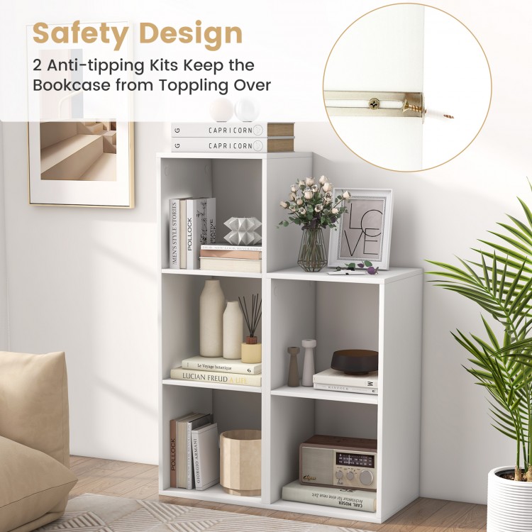 3-cube bookshelf in white with anti-tipping kits and back guardrail for stability, perfect for living room or bedroom.