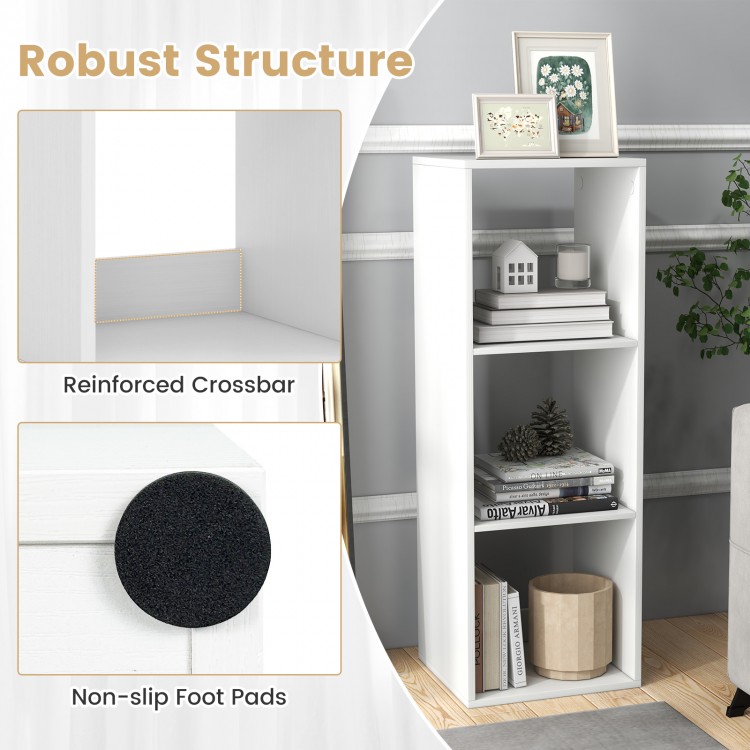 Close-up of the 3-cube bookshelf's reinforced crossbar and non-slip foot pads for stability in white finish.
