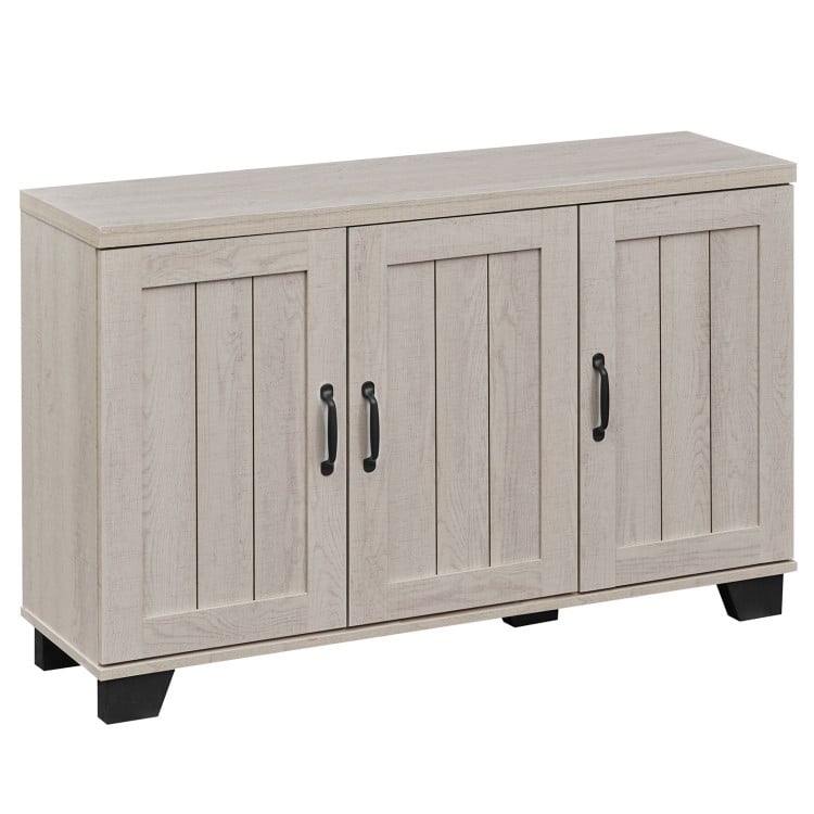 3-door buffet sideboard in white wash with adjustable shelves, metal handles, and anti-tipping kits for versatile.