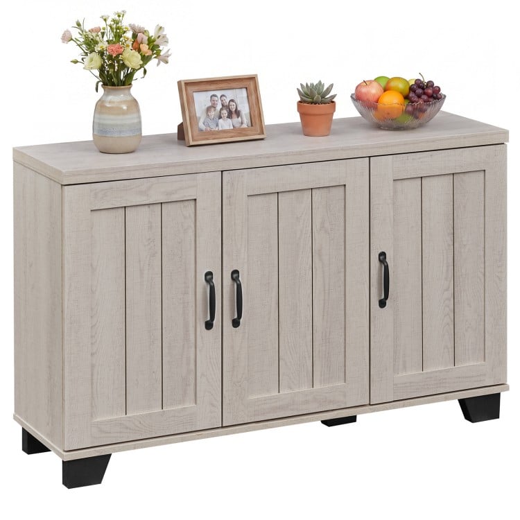 3-door buffet sideboard in white wash, featuring a spacious countertop for display and versatile storage options.