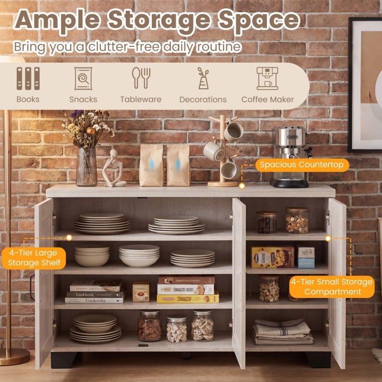 3-door buffet sideboard in white wash with adjustable shelves, ample storage, and anti-tipping kits for versatile use.