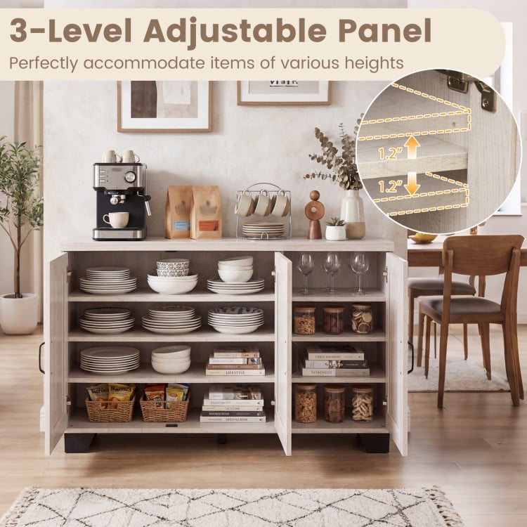 3-door buffet sideboard in white wash with adjustable shelves, ideal for versatile storage and organization.