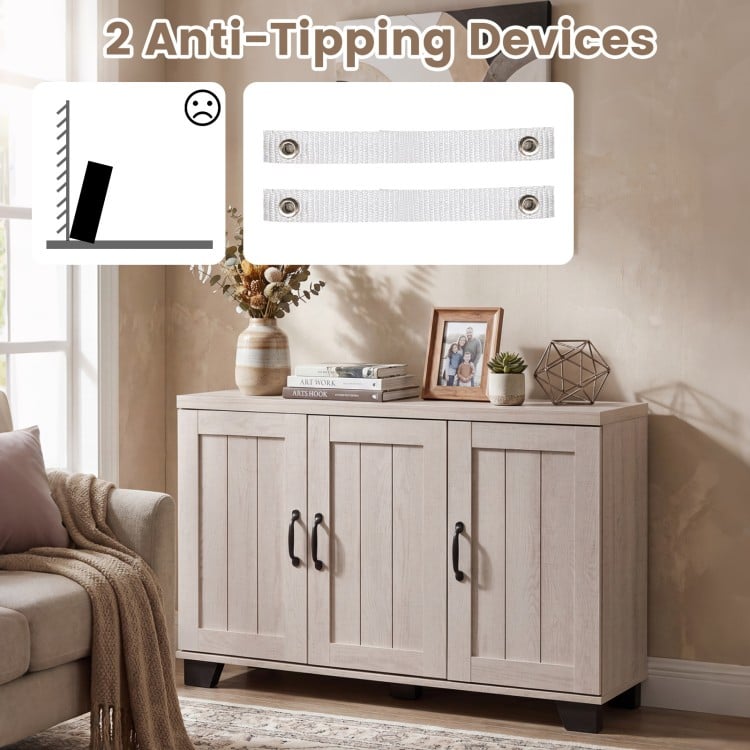 3-door buffet sideboard in white wash with adjustable shelves and dual anti-tipping kits for secure storage.