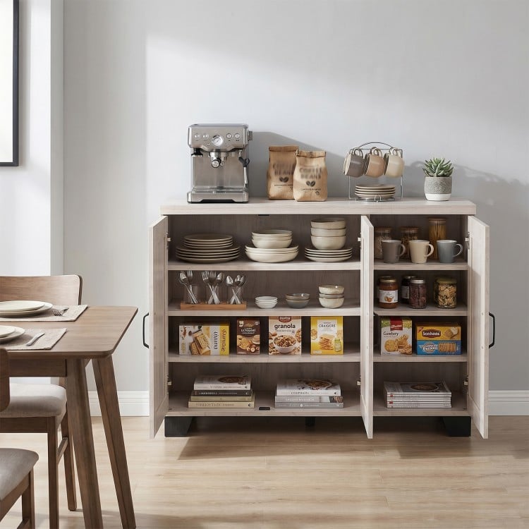 3-door buffet sideboard in white wash with adjustable shelves, ideal for kitchen storage and organization.