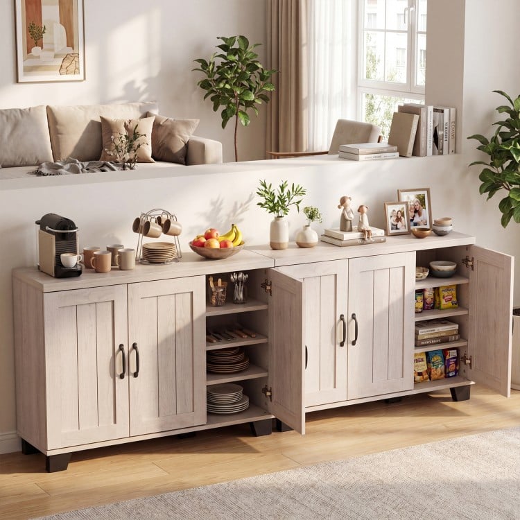 3-door buffet sideboard in white wash with adjustable shelves, offering ample storage for versatile use in any room.
