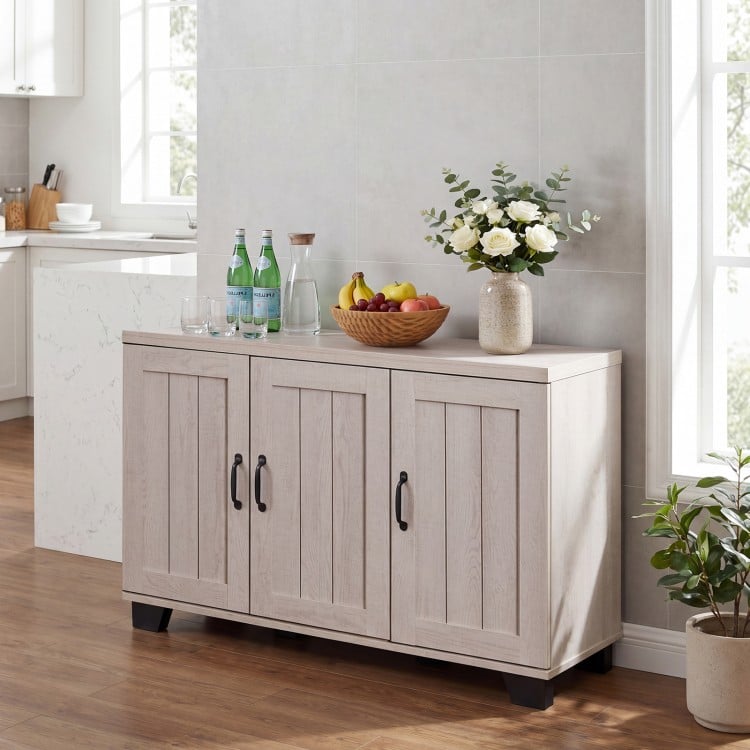 3-door buffet sideboard in white wash, showcasing elegant metal handles and a spacious countertop for versatile display.