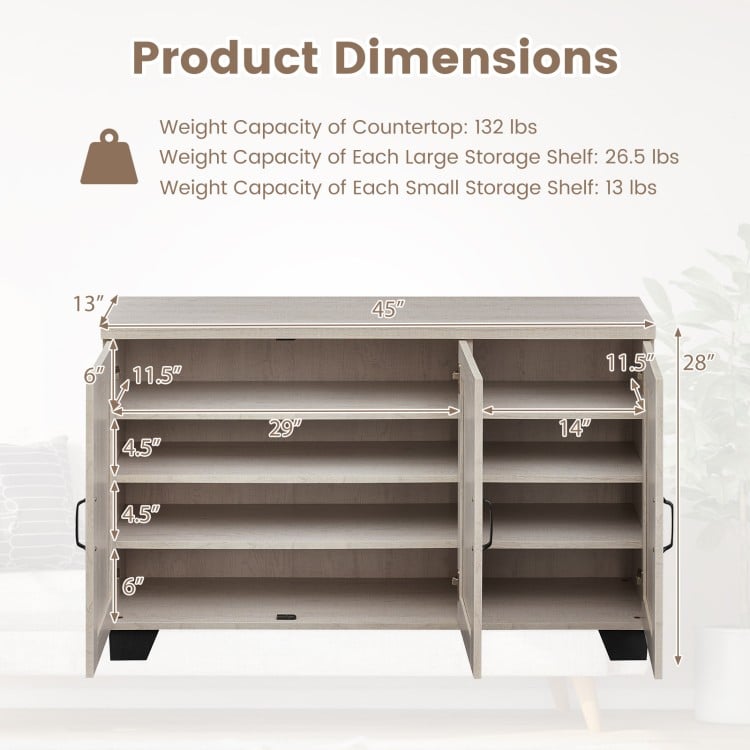 Dimensions of the 3-Door Buffet Sideboard with adjustable shelves, showcasing weight capacities and design details.
