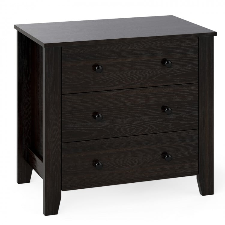 Wide dark brown 3-drawer dresser with sturdy support feet and smooth metal slide rails for organized storage.