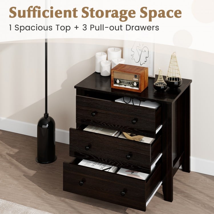 3-drawer dresser in dark brown with spacious top and pull-out drawers for organized storage in modern bedroom decor.