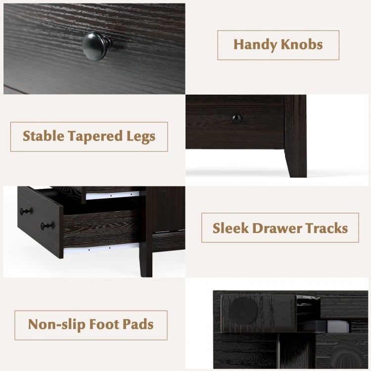 Close-up of the 3-drawer dresser's dark brown finish, featuring handy knobs and stable tapered legs for modern storage.