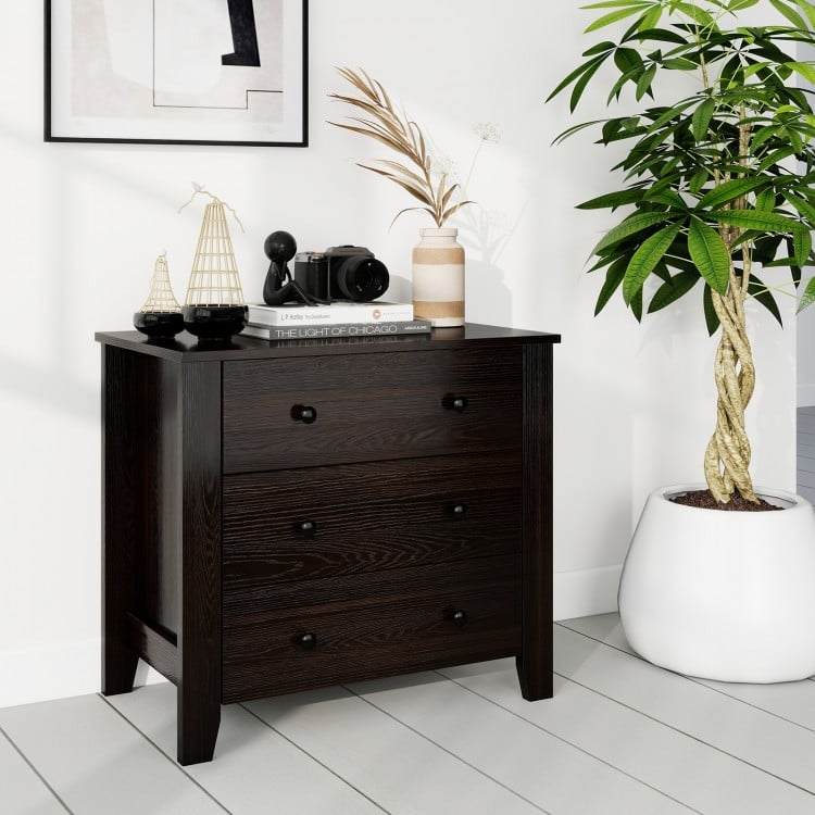 Wide dark brown 3-drawer dresser with smooth metal slides, perfect for organizing books and accessories in modern.