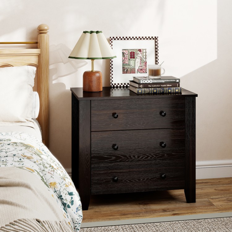Wide dark brown 3-drawer dresser nightstand with smooth metal slides, perfect for organized storage beside a bed.