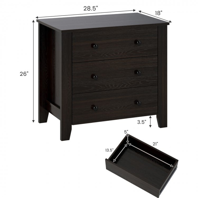 Wide dark brown 3-drawer dresser with ample storage, sturdy feet, and smooth metal slide rails for easy access.