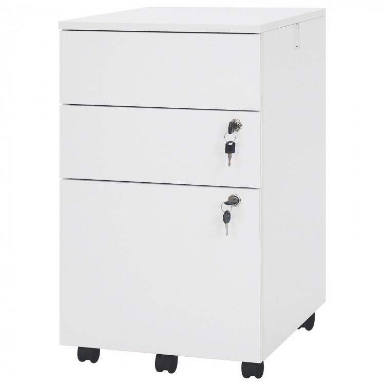 White 3 drawer locking filing cabinet with durable steel construction and casters for easy mobility, ideal for office.